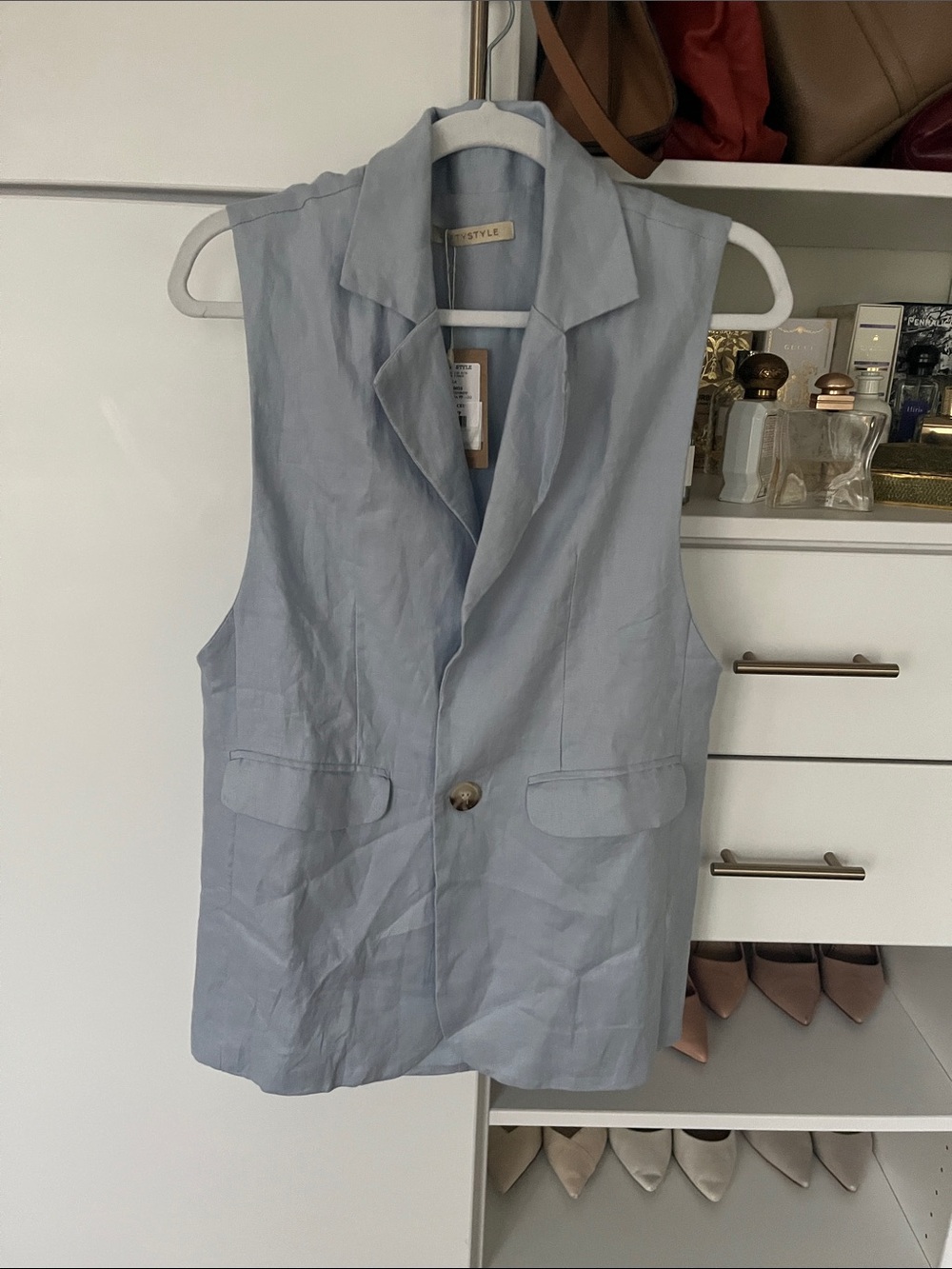 Sleeveless linen  Light Blue Button Front Vest